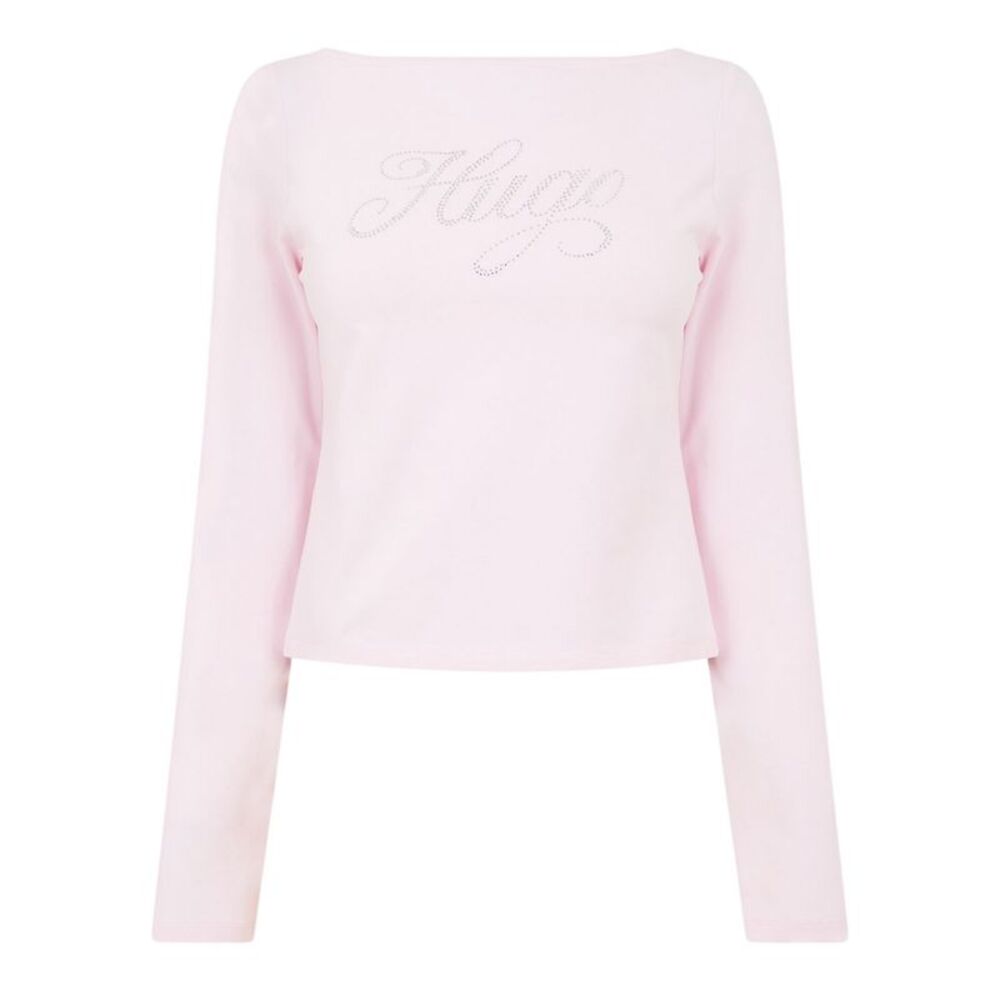 Hugo Womens/Ladies Rhinestone Logo Long-Sleeved T-Shirt / Pastel Pink